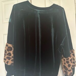 Lush Velvet Top with Leopard Print Sleeves